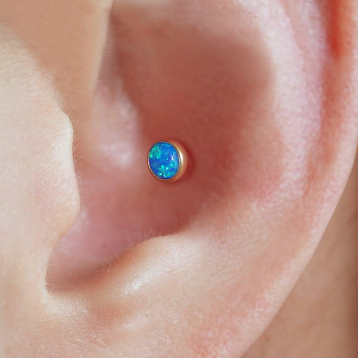 Multiple Sizes Blue Opal Bezeled Push Pin Earring