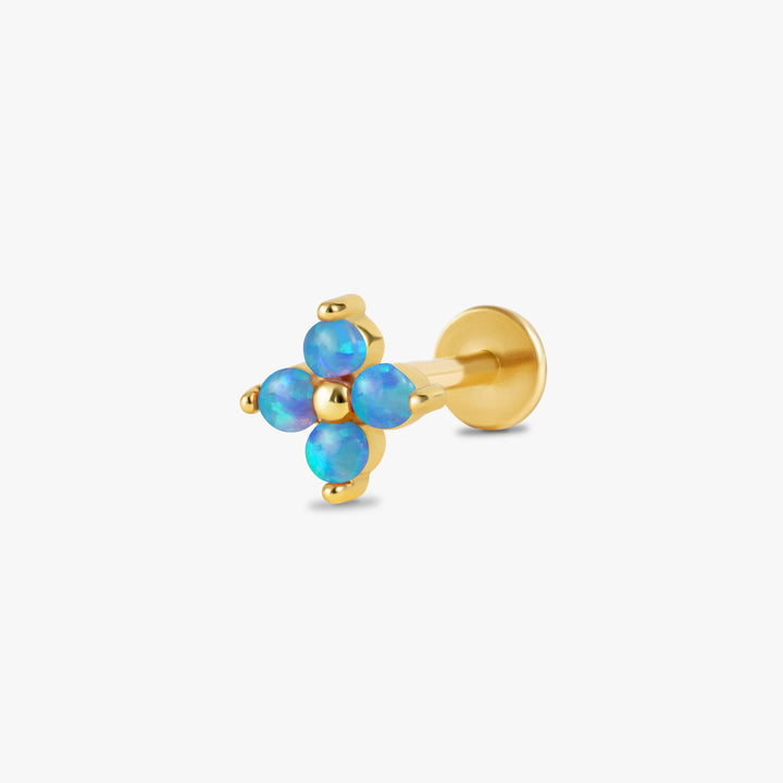 Boucle d'oreille piercing à dos plat en opale bleue trèfle à quatre feuilles
