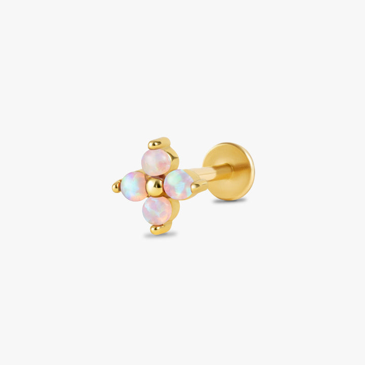 Boucle d'oreille piercing à dos plat en opale rose trèfle à quatre feuilles