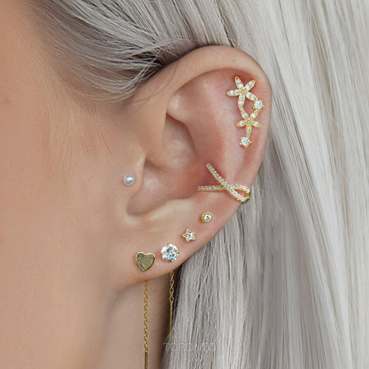 Helix Crystal 3A CZ  Double Flower Flat Back Piercing Earring-Left Ear
