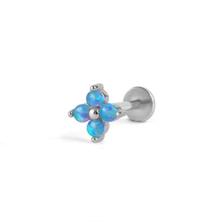 Boucle d'oreille piercing à dos plat en opale bleue trèfle à quatre feuilles