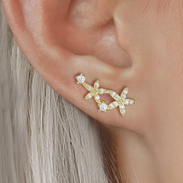 Helix Crystal 3A CZ  Double Flower Flat Back Piercing Earring-Right Ear