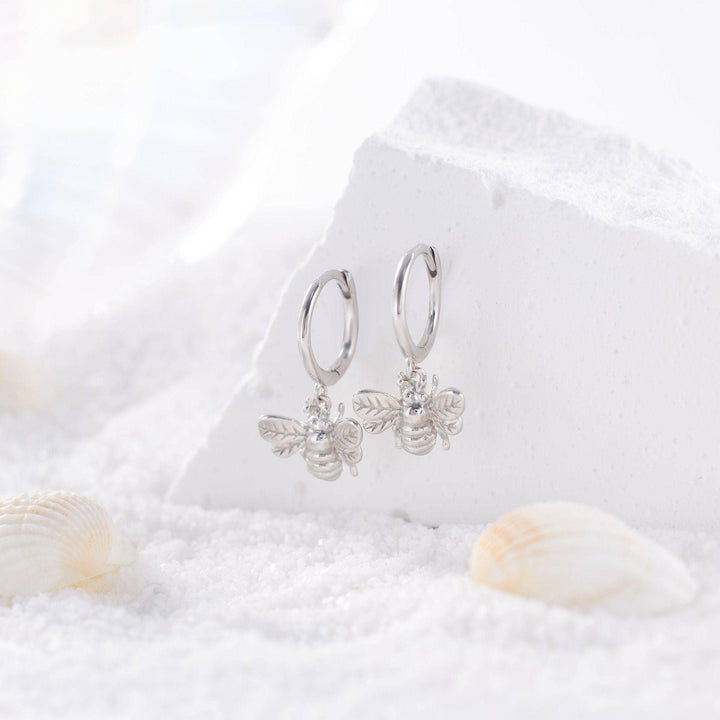 Tiny Plain Bee Dangly Hoop Earrings-EricaJewels
