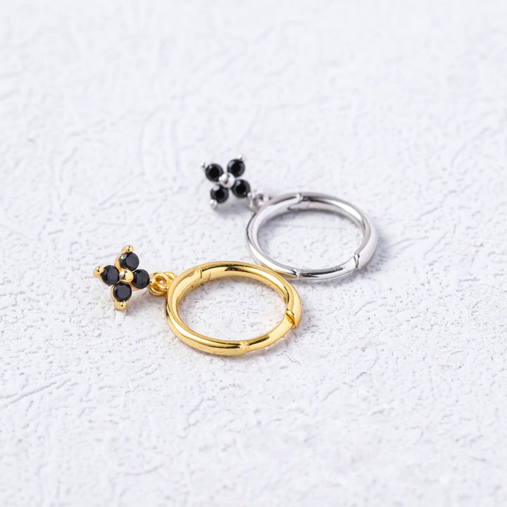 Black 3A CZ Four Leaf Dangly Hoop Earrings-EricaJewels