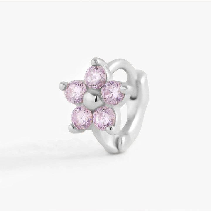 Amethyst Purple 3A CZ Five Petels Flower Huggie Hoop Earrings-EricaJewels
