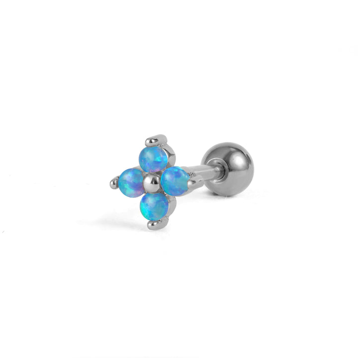 Boucle d'oreille piercing à dos plat en opale bleue trèfle à quatre feuilles