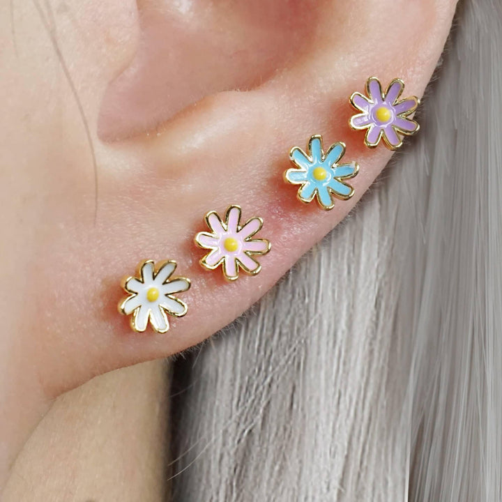 Pink Enamel Daisy Flower Flat Back Piercing Earring