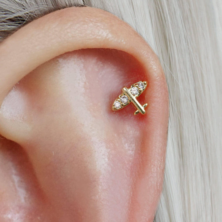 Tiny Airplane Crystal 3A CZ  Flat Back Piercing Earring