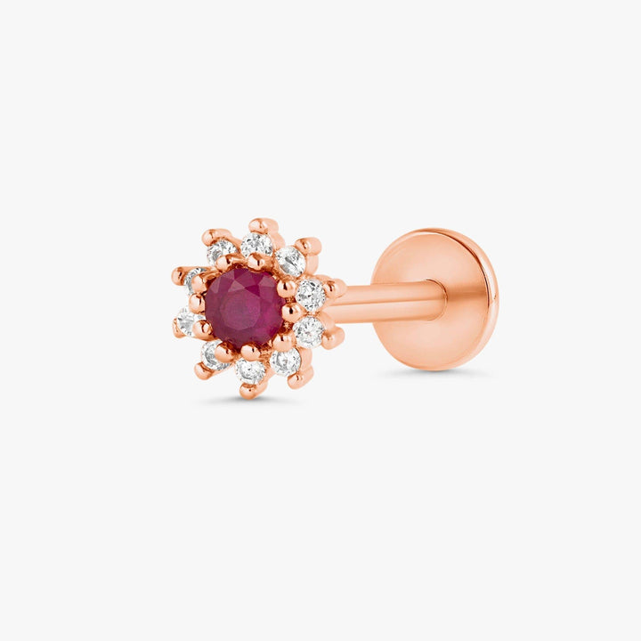 Ruby Red 3A CZ  Sunflower Flat Back Piercing Earring