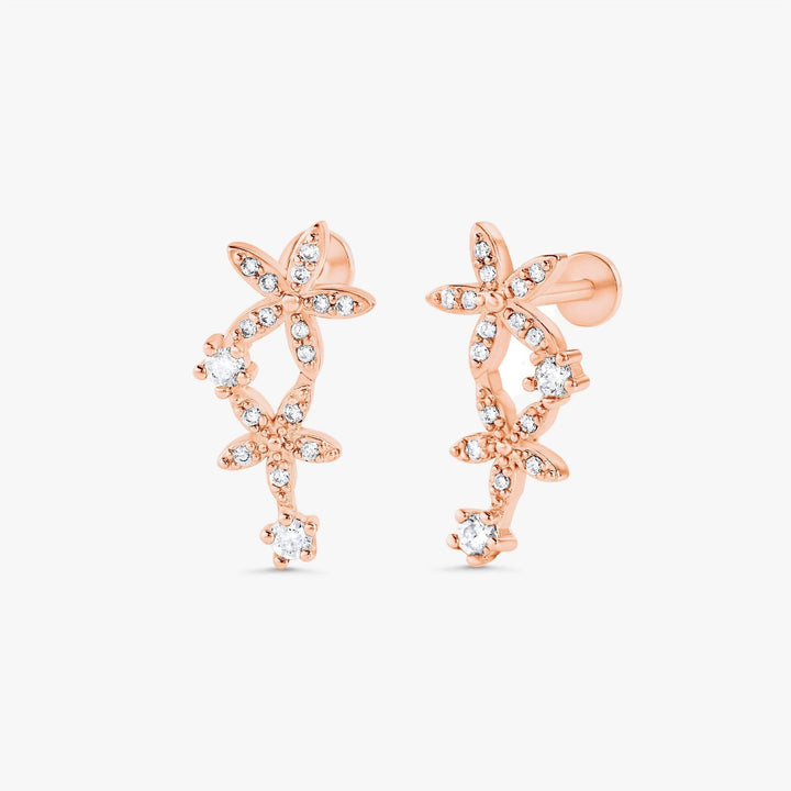 Helix Crystal 3A CZ  Double Flower Flat Back Piercing Earring-Right Ear