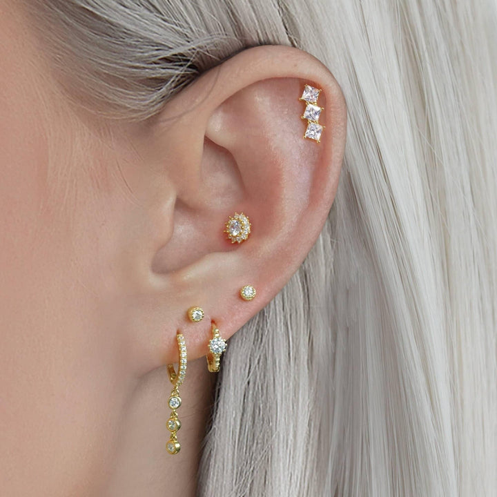 Triple Square Crystal 3A CZ  Flat Back Piercing Earring