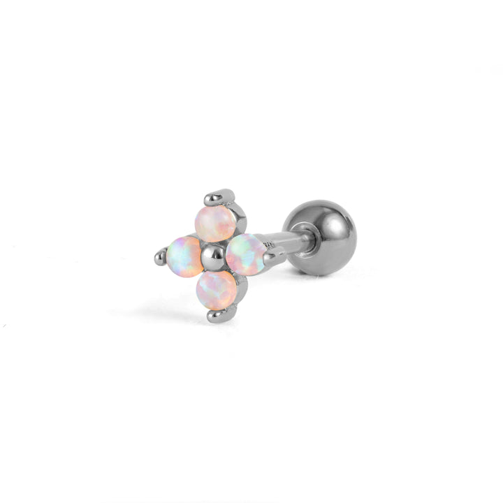 Boucle d'oreille piercing à dos plat en opale rose trèfle à quatre feuilles