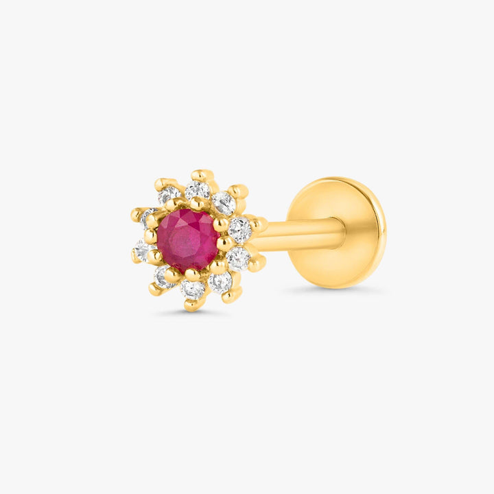 Ruby Red 3A CZ  Sunflower Flat Back Piercing Earring