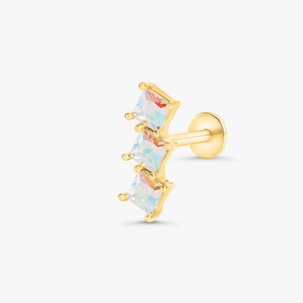 Color_Gold,Bar Type & Materials_Labret (Titanium) ;Triple Square White AB 3A CZ Stone Flat Back Piercing Earring